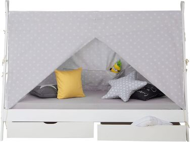 Дитяче ліжко Homestyle4u Tipi 90x200 см з ящиками, біле, з наметом, зірки, з дерева (сосна)