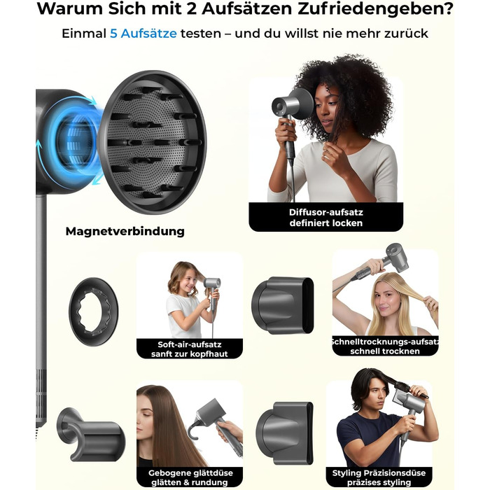 Професійний фен для волосся з дифузором та 5 насадками, іонний, 1600W, безщітковий мотор, низький рівень шуму, сріблясто-сірий