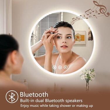 Дзеркало для ванної кімнати Habison з підсвічуванням 70x70 см LED, з годинником, сенсорним вимикачем, регулюванням яскравості, протизапобіжним покриттям, 3-кратним збільшенням, Bluetooth