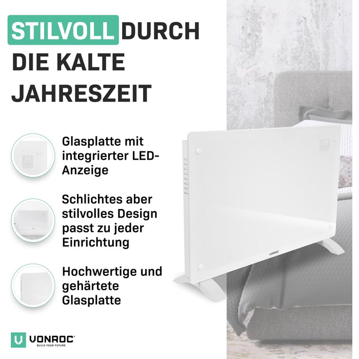 Електричний конвекторний обігрівач VONROC 2000W - для кімнат до 24м² - настінний/підлоговий монтаж - ручне/APP керування, білий
