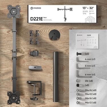 Кріплення для монітора ONKRON D221E-B для 2 моніторів (13-32 дюйми, до 8 кг), регульоване, VESA 75x75-100x100, чорний
