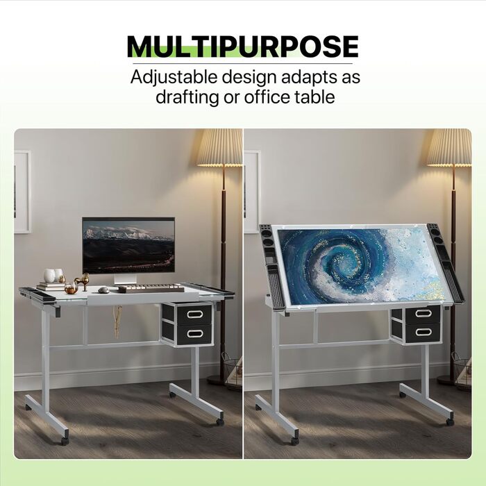 Регульований стіл для малювання Magshion з нахиленою скляною стільницею, переносний з 2 шухлядами та колесами, для художників, студентів (прозорий)