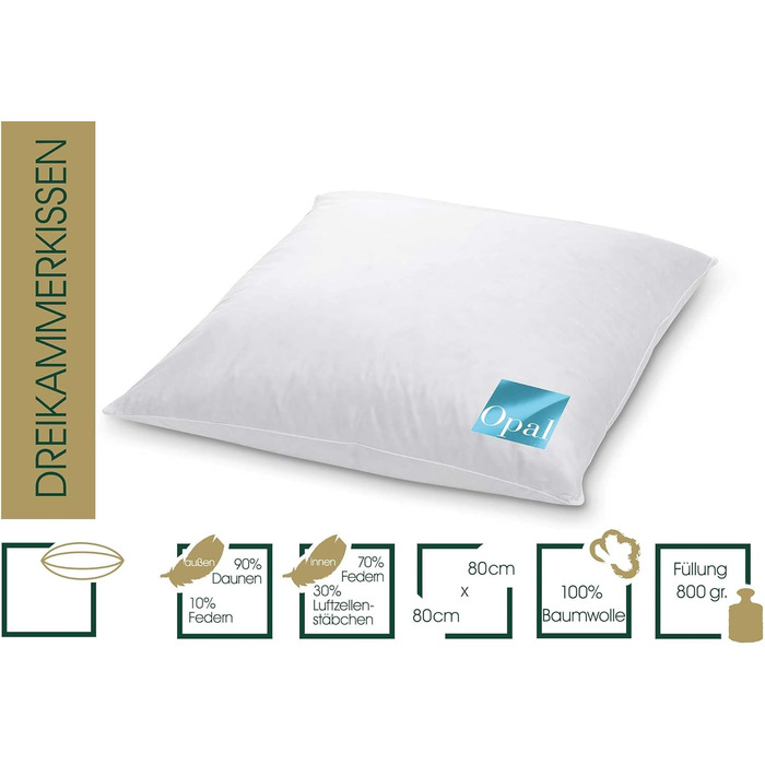 Пухова подушка Opal 40 x 80 см - Allergy Friendly Pillow (Трикамерна подушка, 80x80 см), 925.22.302