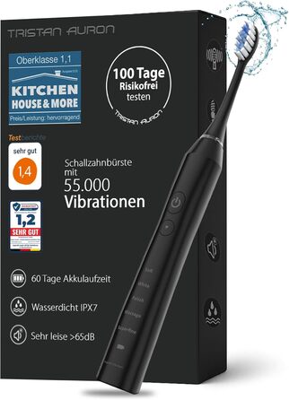 Електрична зубна щітка Tristan Auron – 55 000 вібрацій, 5 режимів, 60 днів роботи від акумулятора, 2 насадки, компактна та тиха (червона)