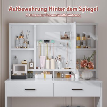 Трюмо JUMMICO з LED-підсвічуванням, дзеркалом та гачками для прикрас, 2 шухляди, 4 відкриті полиці, білий колір