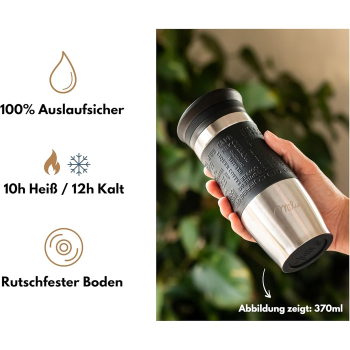 Термокружка Milu 450 мл, 370 мл з нержавіючої сталі, для кави 'to go', з подвійними стінками, не протікає, чорна