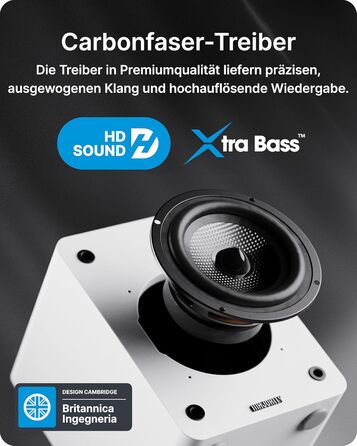 Активні Hi-Fi колонки Majority D50X 60W 2.0 для ПК та ТВ, Bluetooth 5.3, HDMI ARC, AUX, вуглецевий диффузор, білі
