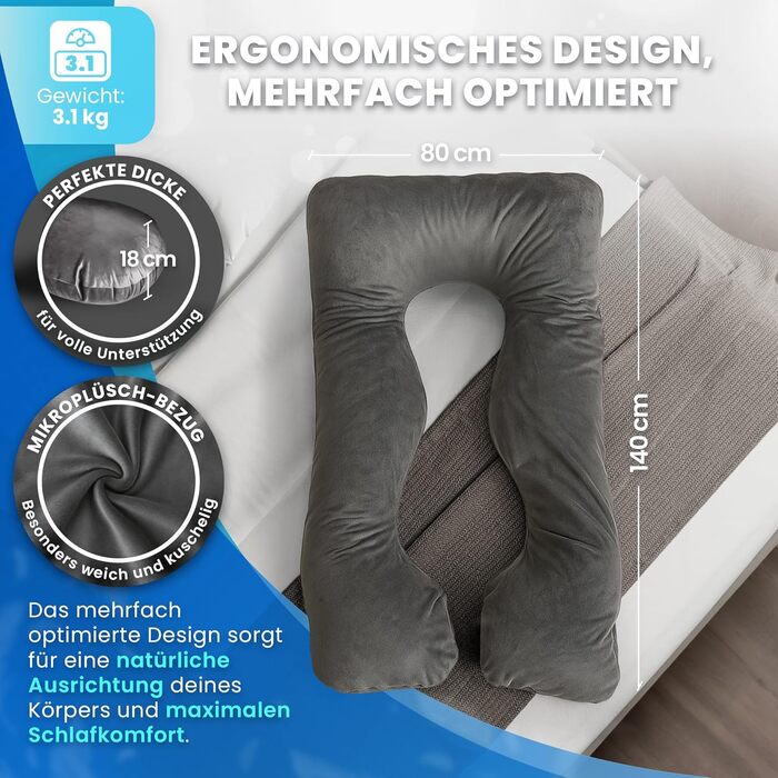 U-подібна подушка для сну PillowDaddy XXL для вагітних та годування, ортопедична подушка для підтримки спини, стегон та полегшення болю при ішіасі, з чохлом