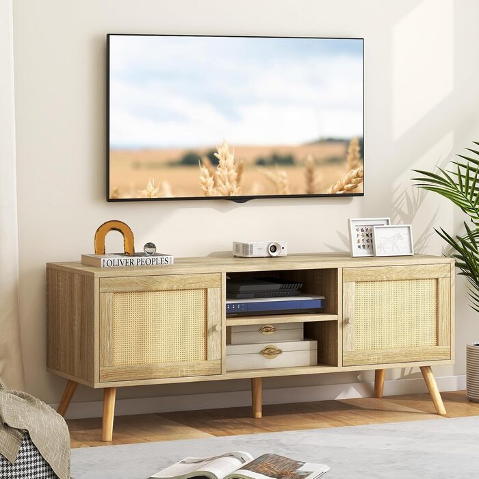Тумба під телевізор GIANTEX 120x40x48.5 см з 2 дверцятами та відкритими полицями, для телевізорів до 55 дюймів