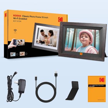 Цифровий фоторамка Kodak 10,1 дюйма WiFi, IPS Touchscreen, 32GB, Автоматичне поворотання, для кріплення на стіну, ділитися фото з будь-якого місця, коричневий (чорний каркас)
