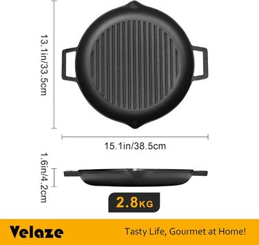 Сковорода-гриль Velaze чавунна 42x34, 5 см, чавунна сковорода-гриль, сковорода з 2 ручками, чавунна сковорода для газового гриля