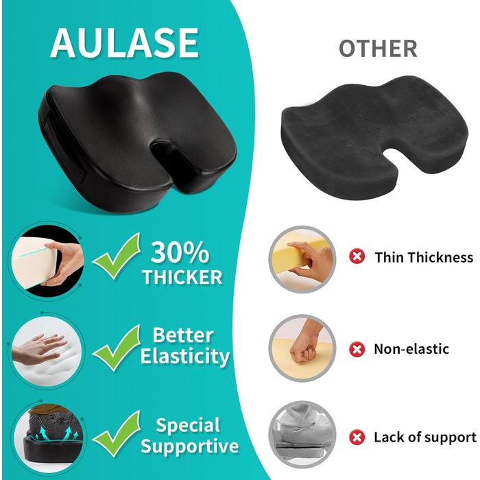 Подушка для сидіння Aulase Luxus: товстий Memory Foam для спини, куприту та ішіасу. Підходить для офісу, авто, ігор (чорний)