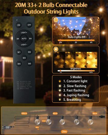 LED гірлянда для зовнішнього використання, G40 лампочки, ABS пластик, сонячна, вологостійка, для романтичного декору саду та балкону (24V, 20M, 33 лампочки)