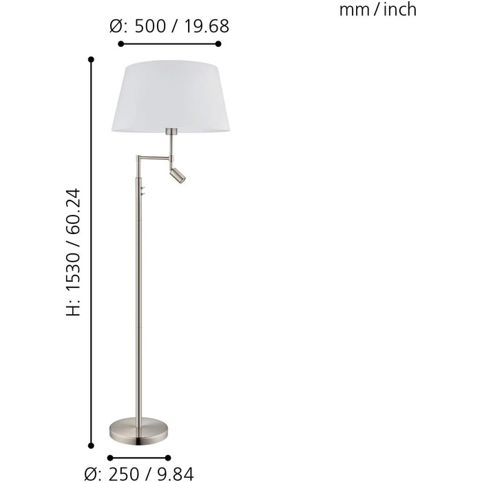 Світлодіодний торшер EGLO Santander, 2-полум'я, Метал/Текстиль, Нікель-матовий, Білий, Стельовий омийник з лампою для читання
