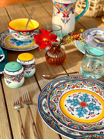 Набір посуду Euro Ceramica Zanzibar Collection, 16 частин, для кухні та їдальні, на 4 особи, з іспанським квітковим візерунком, блакитно-жовтий