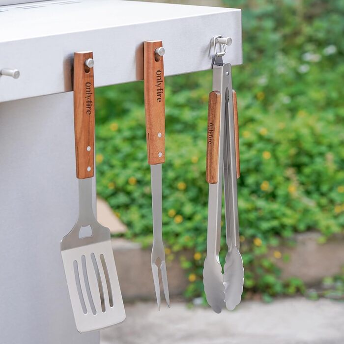 Набір гриль-посуду Onlyfire 4 шт. з нержавіючої сталі та акації (щипці, лопатка, виделка, щітка)