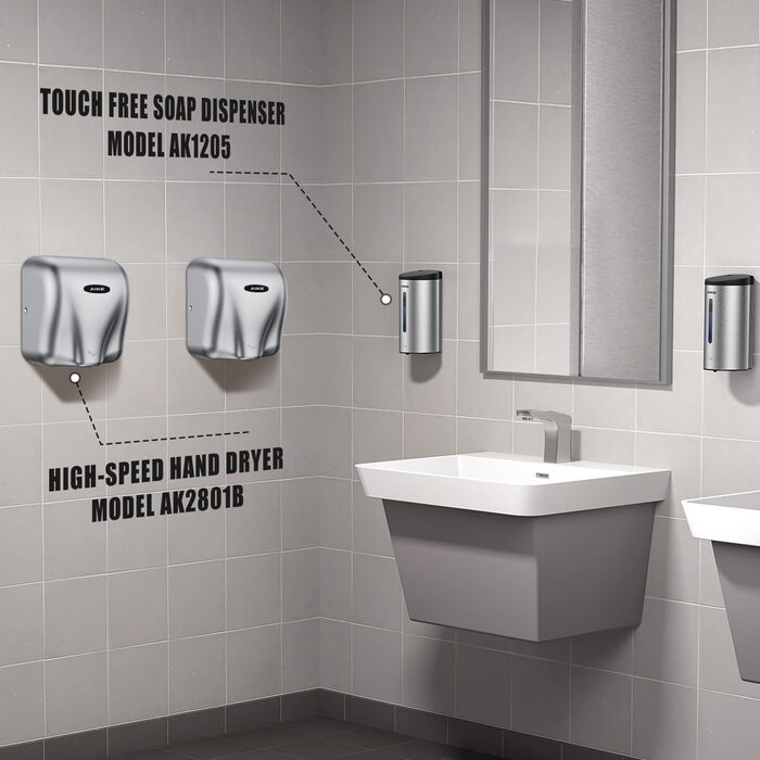 AIKE AK2801B Преміум сушарка для рук - електрична, з датчиком, HEPA-фільтр, нержавіюча сталь, 10-15 сек сушіння