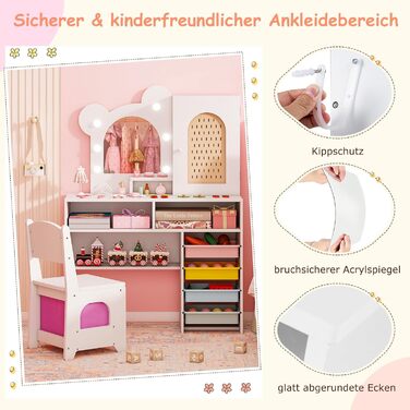 Детский туалетный столик COSTWAY в форме медведя с подсветкой, зеркалом, шкафчиком, 5 ящиками и отделениями, из дерева, для девочек от 3 лет