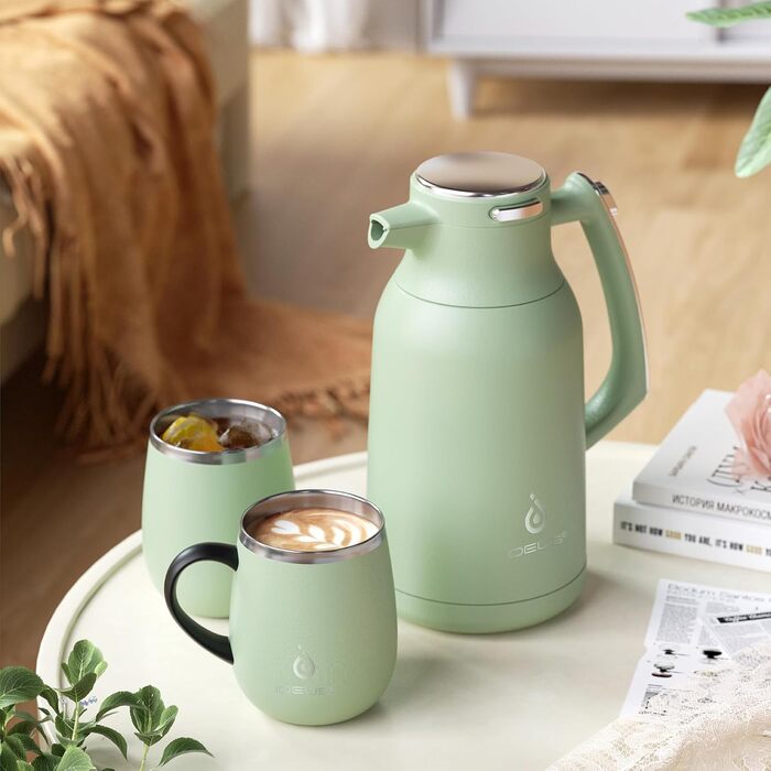 Термос IDEUS Thermoskanne 2л, нержавіюча сталь, подвійні стінки, вакуумна ізоляція, кавоварка-термос для кави та чаю, BPA-free, колір Celadon (авокадо)