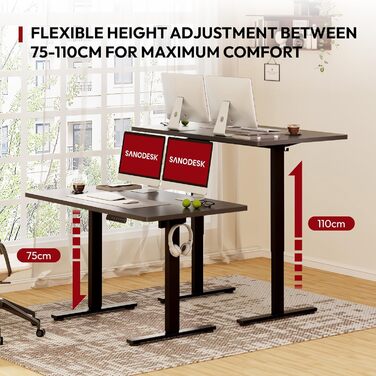 Регульований стіл Sanodesk 110x60 см з суцільною стільницею – компактний стоячий стіл, ергономічний та стильний, білий