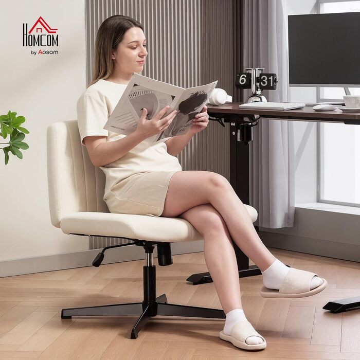 Крісло офісне без підлокітників HOMCOM, тканина льон, регульоване, поворотне, для дому, кремове