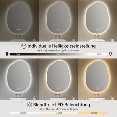 Дзеркало для ванної кімнати OUMUSU з підсвічуванням, арочне, без рами, 50x75 см. Антизапарник, сенсорне управління, регулювання яскравості, 3 кольори світла