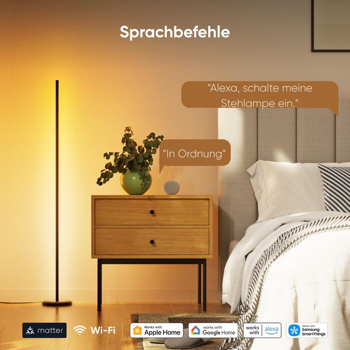 Наноліф Matter Розумна Підлогова Лампа RGB IC LED Диммер, Синхронізація з Музикою, Градієнтні Сцени, 1700lm, Управління через Додаток та Голосові Помічники (Alexa, Apple), Декор для Спальні та Геймінгу (Чорна)