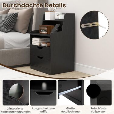 Нічний столик COSTWAY з LED-підсвіткою та зарядкою, 2 шухляди, відкриті полиці, пульт дистанційного керування, 45 x 35 x 72,5 см (Чорний)