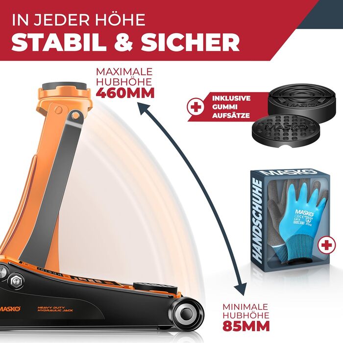 Гідравлічний домкрат MASKO 3T з низьким профілем (85-460 мм), 3 гумові накладки, для автомобілів SUV, 360° колеса, рукавички в комплекті. Підйомник-опора до 3 тонн (Помаранчевий)