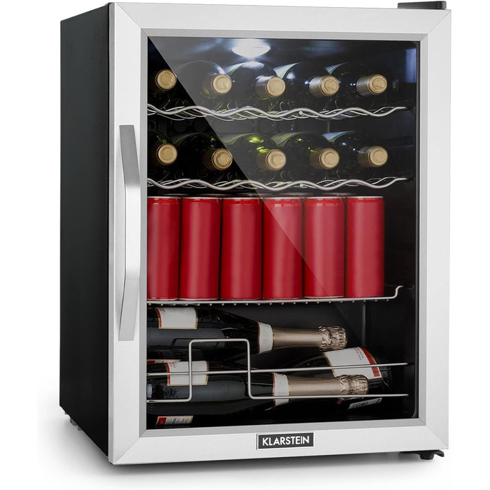 Міні-холодильник Klarstein з дверцятами зі скла, 60 літрів, для кімнати, тихий, з регульованими полицями та хвильовими решітками, срібно-чорний