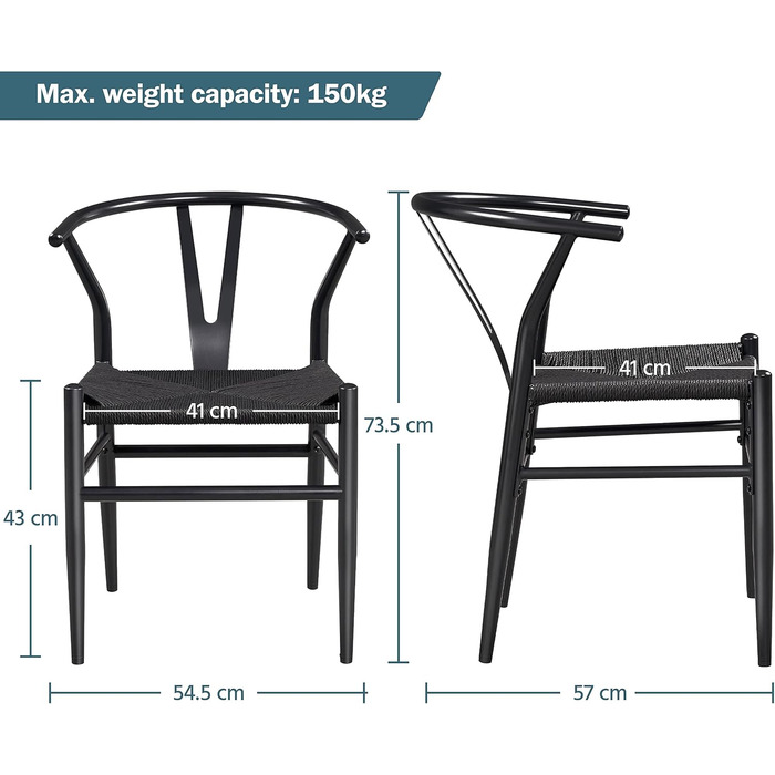 Комплект з 2 обідніх стільців Y-стілець з ротанга, плетене сидіння, підлокітники, чорний