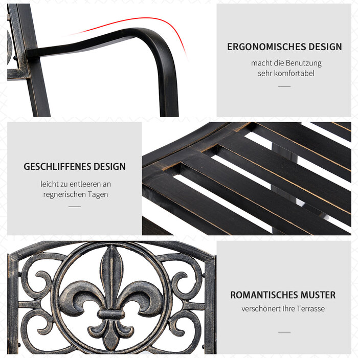 Крісло-гойдалка для саду, антикварний садовий стілець-гойдалка з металу та бронзи, розміри: 60 см (ширина) x 73 см (глибина) x 85 см (висота)