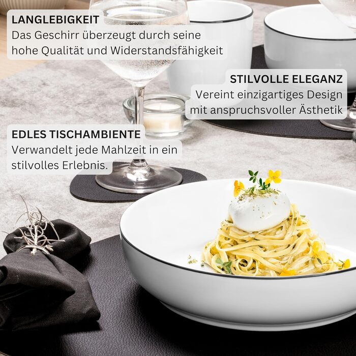 Набір чашок з блюдцем SÄNGER 12 шт., 6 чашок для кави, порцеляновий сервіс, білий з чорними акцентами, 200 мл | PREMIUM COLLECTION (Паста-тарілки 6 шт.)