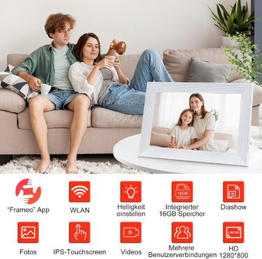 Frameo Цифровий фоторамка 10.1 дюйма з Wi-Fi, HD сенсорний екран, 16GB пам'яті, автоматичне обертання, підтримка фото та відео, настінний монтаж