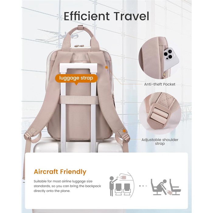 Сумка-рюкзак LOVEVOOK для жінок, 15.6 дюймів, для ноутбука, шкільна сумка для підлітків, дівчаток, елегантний туристичний рюкзак, сумка для роботи, повсякденна сумка, водонепроникна, для подорожей, навчання, роботи (15.6 дюймів, Бежево-рожевий)