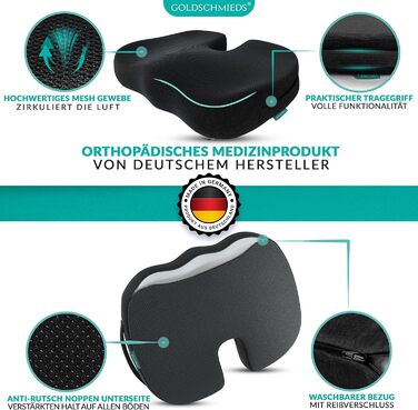 Ортопедична подушка для сидіння [Переможець тесту] Ергономічна оаза для офісного крісла, авто та ін. - Знімає навантаження зі сідничної кістки, знеболює та покращує кровообіг [Виготовлено в Німеччині] 50-95 кг Чорний пінополіуретан (Memory Foam)