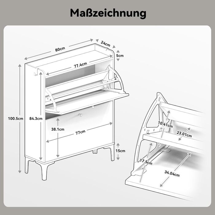 Взуттєва шафа Dripex, вузька, з 2 відкидними ящиками, 80x24x100 см, білий колір