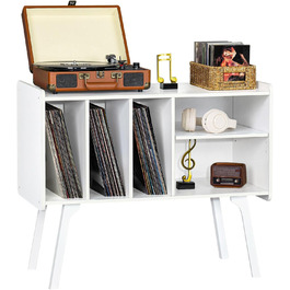 Підставка для програвача LELELINKY з 4 полицями для 220 альбомів, міцна дерев'яна конструкція, стіл Mid-Century, біла полиця для зберігання вінілу