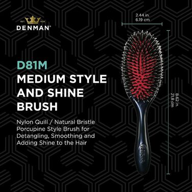 Щітка Denman Cushion Brush - розплутування та блиск, додає блиск, розгладжує кучері - чорна ()