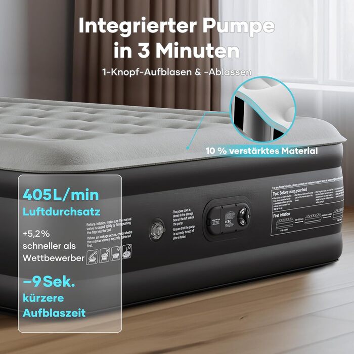 Надувний матрац OlarHike для кемпінгу та дому (2 особи) - 203x152x46 см, чорний