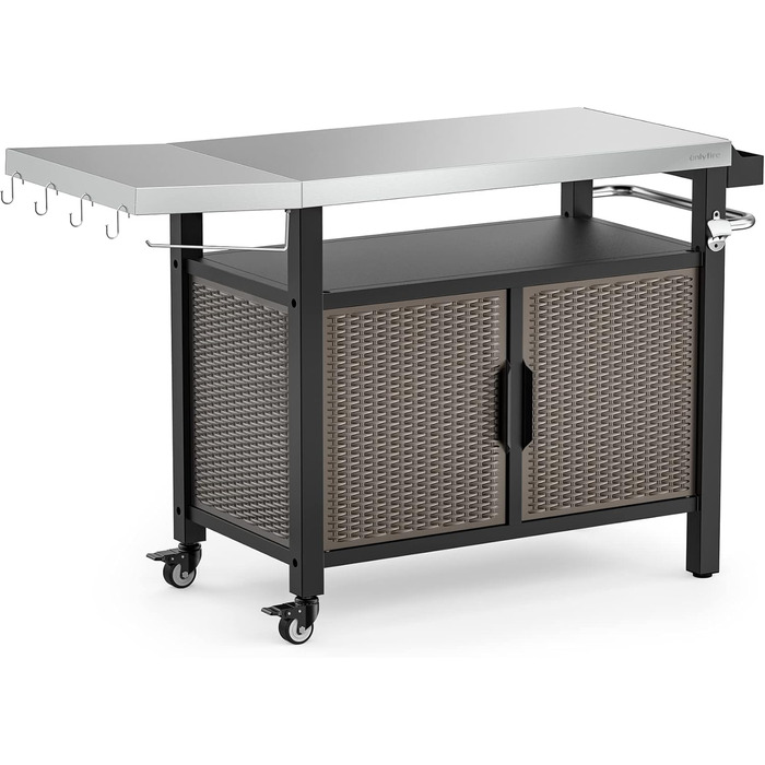 Onlyfire Grilltisch: Робочий стіл для гриля з великою поверхнею, візок для сервірування з колесами, гриль-стіл з відкидними боковими полицями, стільниця з нержавіючої сталі, візок для барбекю, 143.5 × 56 × 91 см, двостулковий