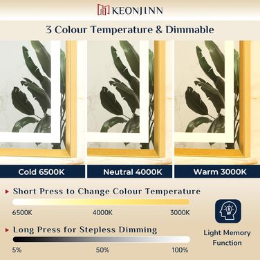 Дзеркало для ванної кімнати Keonjinn з підсвічуванням, 50x70 см, золотий металевий каркас, LED, сенсорне управління, 3 кольори світла, диммування, без запотівання, пам'ять налаштувань