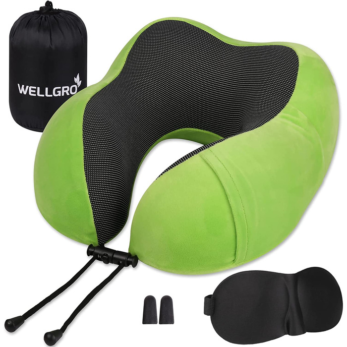 Набір подушок для шиї WELLGRO з 3D маскою для сну і затичками для вух - знімний чохол - Застібка-блискавка з піноматеріалу з ефектом пам'яті - в комплекті. Сумка для зберігання - Дорожня подушка-вибір кольору, Колір (зелений)