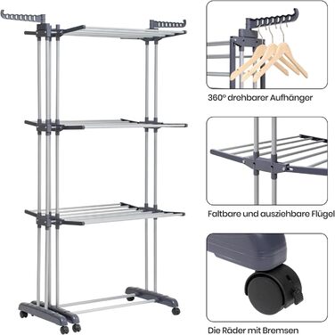 Вежа для сушіння дуба та чаю - 4 полиці, розкладні 83-200 см, з колесами, для внутрішнього та зовнішнього використання, сірий