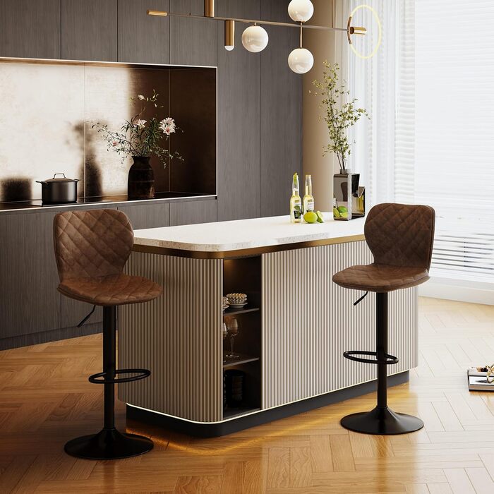 Барний стілець регульований по висоті з підніжкою та спинкою – 360° обертання, PU шкіра, набір 2 шт, коричневий