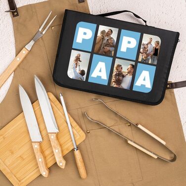 Персоналізований набір для барбекю Wanapix | 6 аксесуарів (ніж, заточувач, ніж для нарізання, щипці, бамбукова дошка)