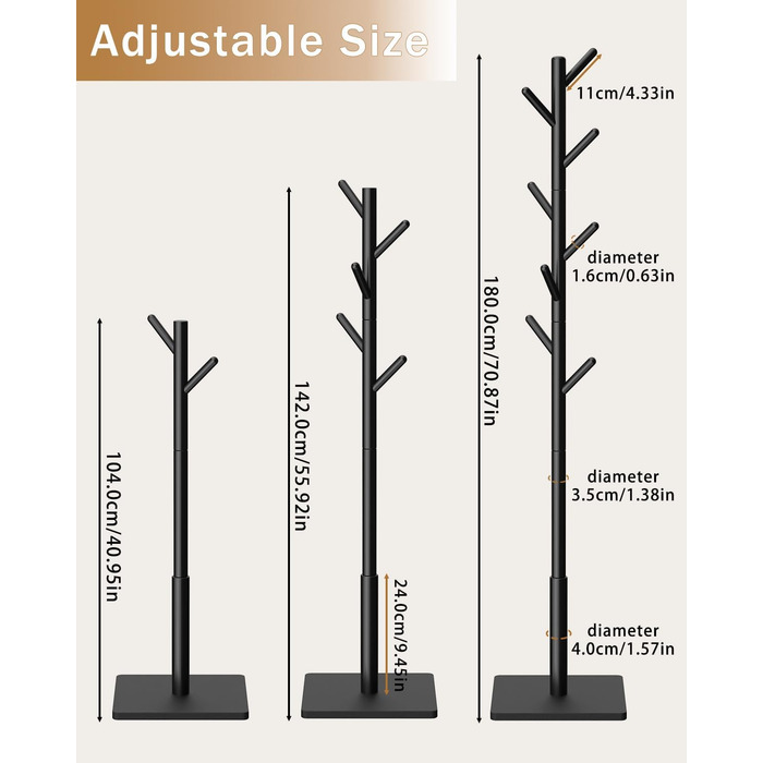 Дерев'яна вішалка для одягу Yawinhe, 180 см, 8 гачків, 3 рівня висоти, чорна