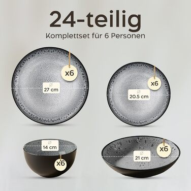 Набір посуду Twinzee Steingut (24 частини) для 6 осіб: тарілки та миски - серія Riviera Perla, з каменю, підходить для мікрохвильової печі