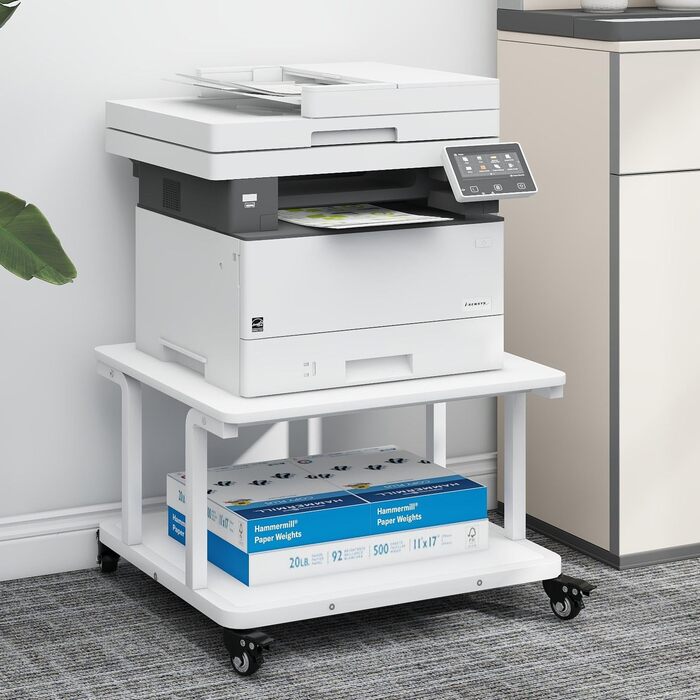 Стіл для принтера PUNCIA з 2 рівнями, мобільний, 60x50 см, білий. Підходить для принтера, сканера, копіювальника.