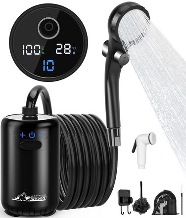 Портативна душова кабіна WADEO для кемпінгу з акумулятором та помпою, 10 режимів, акумулятор 6000 mAh (3 години роботи), подвійний цифровий дисплей, для відпочинку на природі, у саду та в подорожах (чорна)